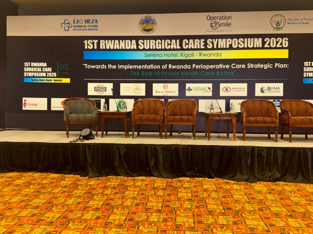Panel stage with armchairs at the Rwanda Surgical Care Symposium, Kigali Serena