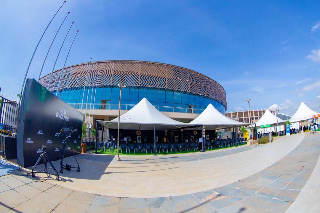 White pagoda tents and ceremony seating outside BK Arena