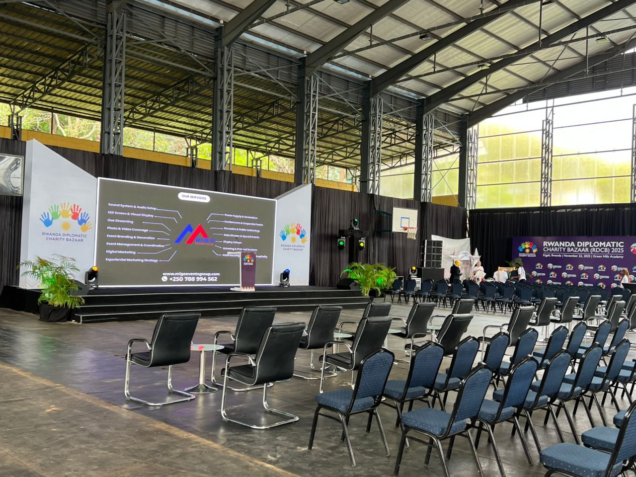 LED stage and seating at the Rwanda Diplomatic Charity Bazaar